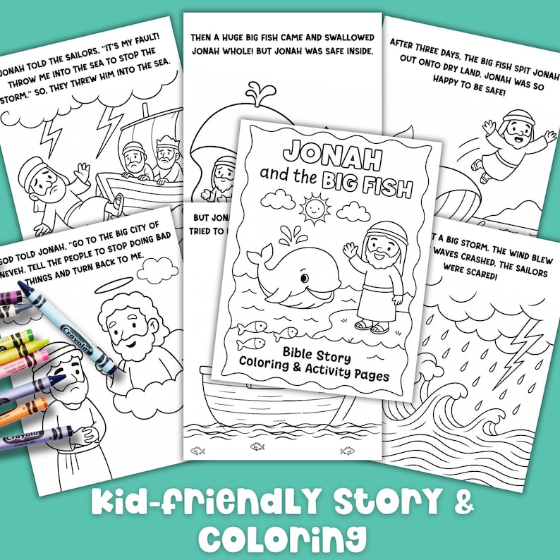 Kid-friendly Jonah and the Big Fish Bible story coloring pages, printable activity pack for Sunday school or homeschool lessons.