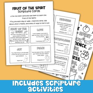 Fruit of the Spirit scripture activity pages for kids with Bible verse cards and coloring sheets. Printable Christian learning resource for Sunday School, children’s church, or homeschool Bible lessons. Features verses like Galatians 5:22-23 and 1 Corinthians 13:4 to help teach love, joy, peace, patience, and more.