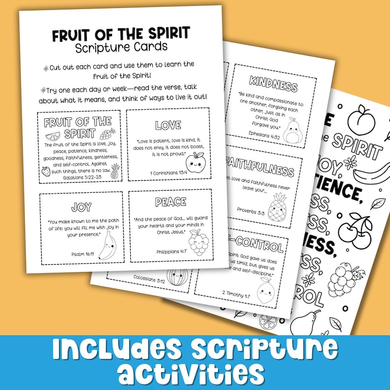 Fruit of the Spirit scripture activity pages for kids with Bible verse cards and coloring sheets. Printable Christian learning resource for Sunday School, children’s church, or homeschool Bible lessons. Features verses like Galatians 5:22-23 and 1 Corinthians 13:4 to help teach love, joy, peace, patience, and more.