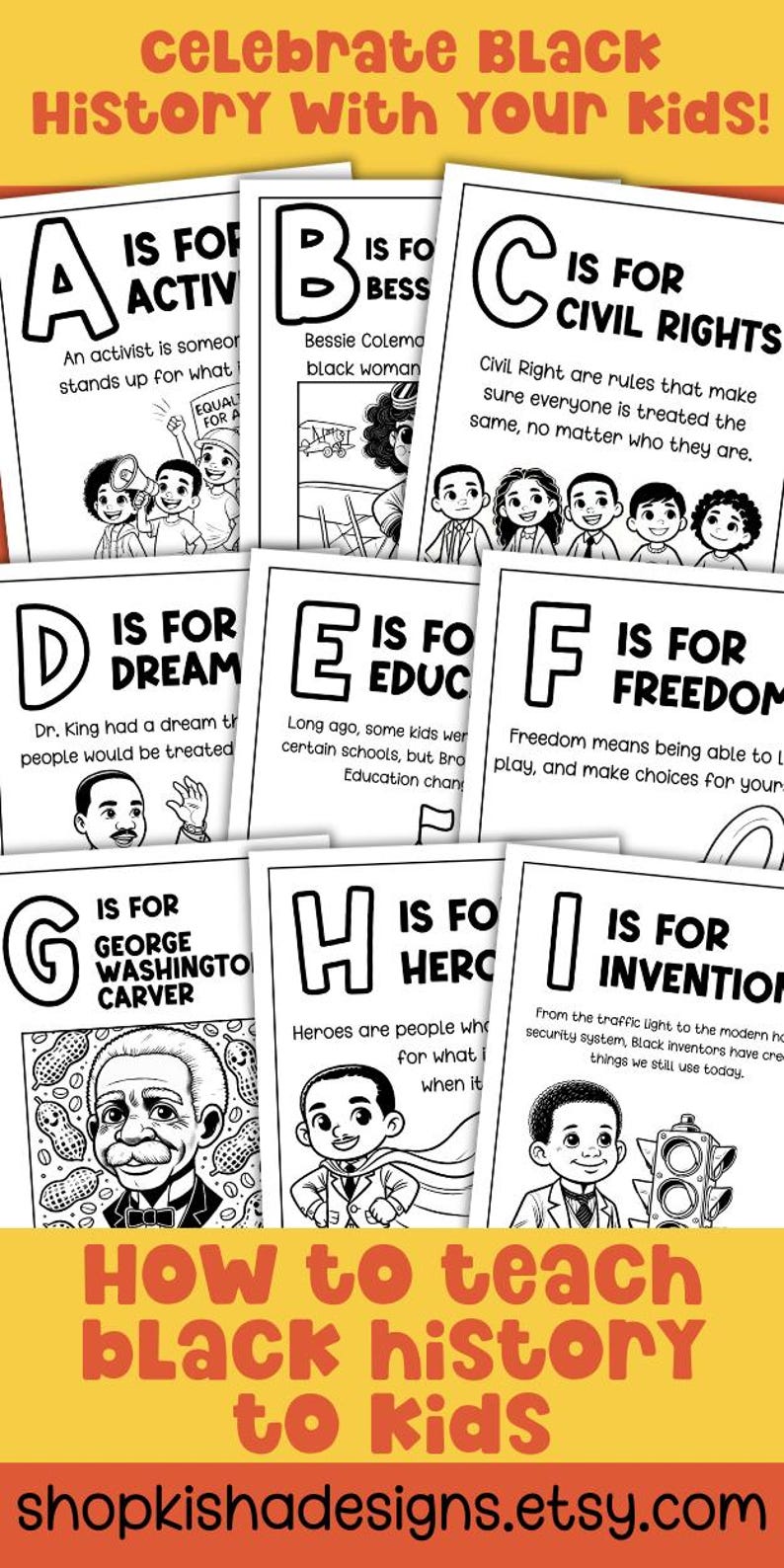 May include: Black and white printable alphabet chart for children featuring famous Black Americans. Each letter is paired with a person and a word describing their contribution to history. The chart includes the text "Celebrate Black History with your kids!" and "How to teach black history to kids".