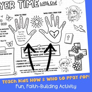 5 Finger Prayer mat printable for kids showing how to pray and who to pray for, ideal for Sunday school, Christian homeschool, or church placemat activity sheet.