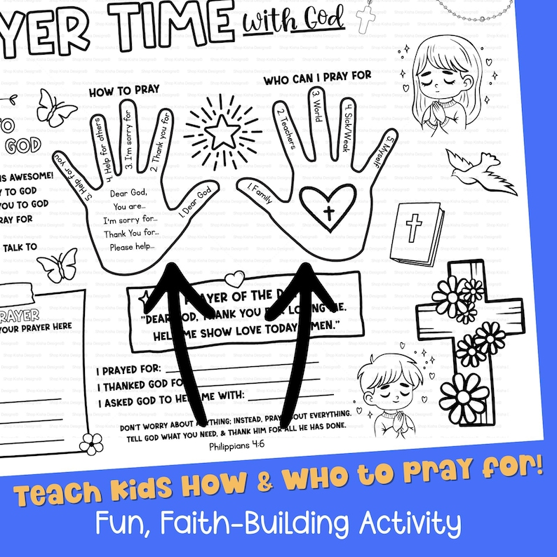 5 Finger Prayer mat printable for kids showing how to pray and who to pray for, ideal for Sunday school, Christian homeschool, or church placemat activity sheet.
