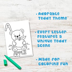 A page from the abc book baby shower coloring activity. Showing a teddy bear holding an apple for the letter A.