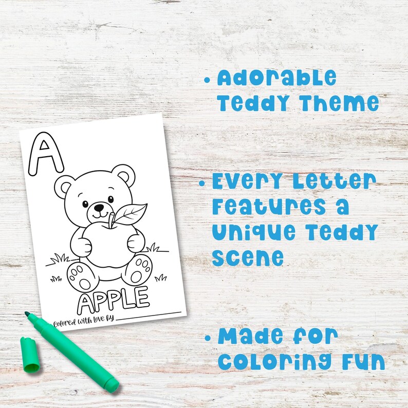 A page from the abc book baby shower coloring activity. Showing a teddy bear holding an apple for the letter A.
