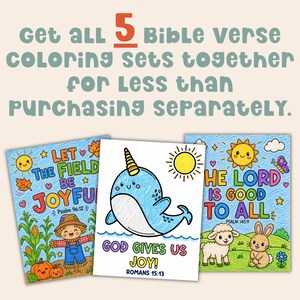 May include: Three coloring pages featuring Bible verses and illustrations. The left page shows a scarecrow with pumpkins and text reading LET THE FIELD BE JOYFUL Psalm 96:12. The center page shows a narwhal with text GOD GIVES US JOY! ROMANS 15:13.