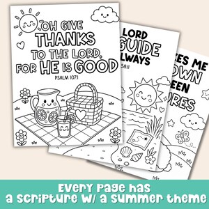 Printable Bible verse coloring pages with summer theme designs including picnic, beach, sheep, and scripture coloring pages for kids Bible printable activities.