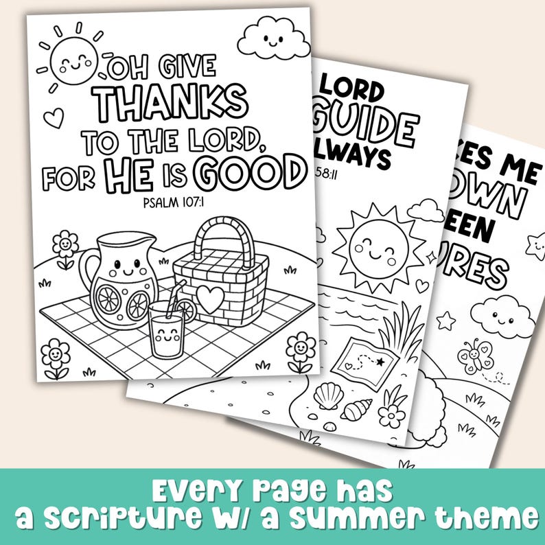 Printable Bible verse coloring pages with summer theme designs including picnic, beach, sheep, and scripture coloring pages for kids Bible printable activities.