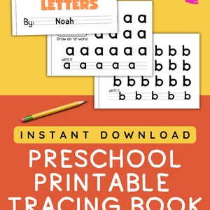 Pu&ograve; includere: Un libro di tracciamento prescolare stampabile con il titolo "My Book of Lowercase Letters". La copertina presenta un ABC colorato e uno spazio per un bambino per scrivere il suo nome. Il libro include pagine di tracciamento per le lettere a e b.