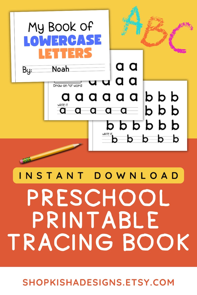 Pu&ograve; includere: Un libro di tracciamento prescolare stampabile con il titolo "My Book of Lowercase Letters". La copertina presenta un ABC colorato e uno spazio per un bambino per scrivere il suo nome. Il libro include pagine di tracciamento per le lettere a e b.