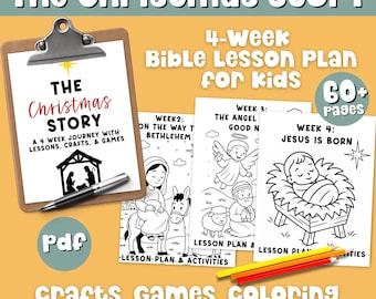 May include: A 4-week Bible lesson plan for kids titled The Christmas Story, featuring a clipboard with a cover page, three black and white coloring activity sheets, a silver pen, and colored pencils on an orange background with 60+ pages.