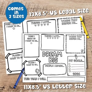 Kids Vision Board 2026 printable goal setting template shown in two sizes US Letter and US Legal featuring Dream Big layout with sections for goals affirmations and goal planning activities for children. Perfect New Year activity and kids vision board craft for goal setting and positive thinking.