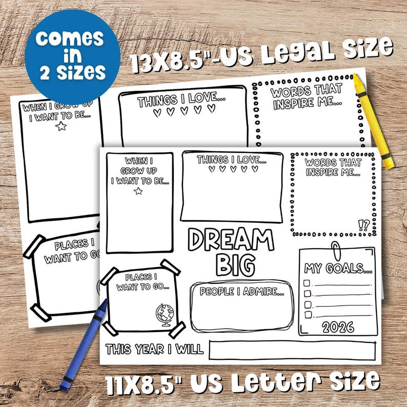 Kids Vision Board 2026 printable goal setting template shown in two sizes US Letter and US Legal featuring Dream Big layout with sections for goals affirmations and goal planning activities for children. Perfect New Year activity and kids vision board craft for goal setting and positive thinking.