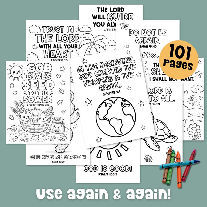 Bible verse coloring pages bundle with multiple printable scripture coloring sheets and 101 pages, designed for repeated use in Sunday School, homeschool, church activities, and kids Bible lessons.