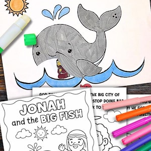 May include: Printable craft and coloring pages featuring Bible stories. The image shows a whale, waves, and the text "Jonah and the Big Fish." Markers and the text "Pin Me" are also visible.