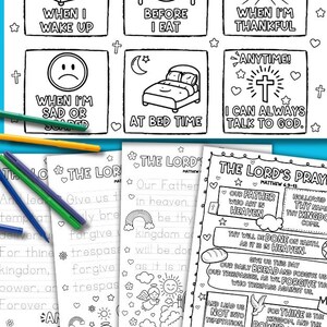 May include: A printable activity set for kids featuring "The Lord's Prayer." Includes coloring pages, tracing sheets, and visual prompts for prayer times. The design is in black and white with colorful pencils.