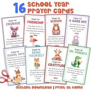 Op de afbeelding: Een set van 16 gebedskaarten voor het schooljaar met kleurrijke illustraties en tekst. Elke kaart heeft een ander gebedsthema, zoals moed, vriendschap en dankbaarheid. De kaarten zijn ontworpen voor direct downloaden en thuis afdrukken.
