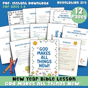 Op de afbeelding: Een verzameling van 12 pagina's van een Bijbelles getiteld "God maakt alles nieuw!" voor kinderen van 3-8 jaar. De pagina's bevatten activiteiten, geheugenverzen en leertips. Het ontwerp bevat kleurrijke illustraties en de tekst "Openbaring 21:5".
