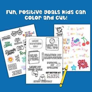 Kids Vision Board 2026 printable goal setting cutouts with positive affirmations and activities for children to color and cut. Includes learning goals like read more, learn something new, and practice handwriting for a fun New Year activity and creative goal planning craft for kids.