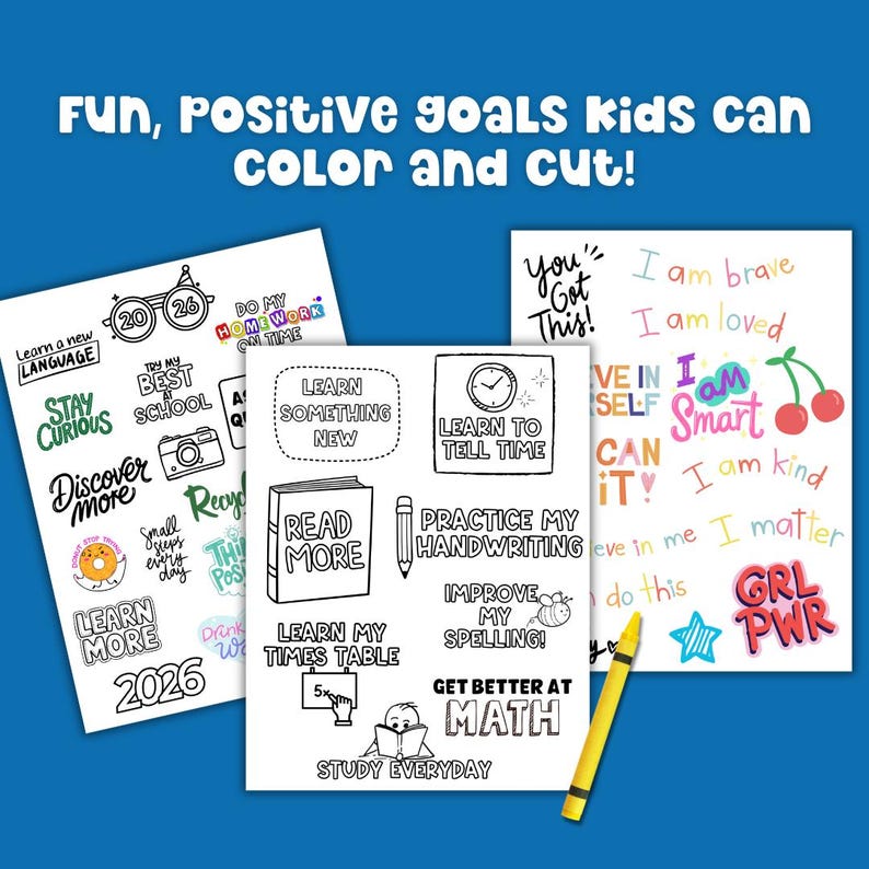 Kids Vision Board 2026 printable goal setting cutouts with positive affirmations and activities for children to color and cut. Includes learning goals like read more, learn something new, and practice handwriting for a fun New Year activity and creative goal planning craft for kids.