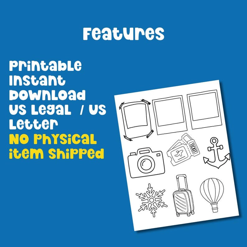 Kids Vision Board 2026 printable goal setting kit features page with icons like camera, anchor, and suitcase. Digital download vision board for children available in US Letter and US Legal sizes no physical item shipped ideal for New Year goal planning and affirmations.