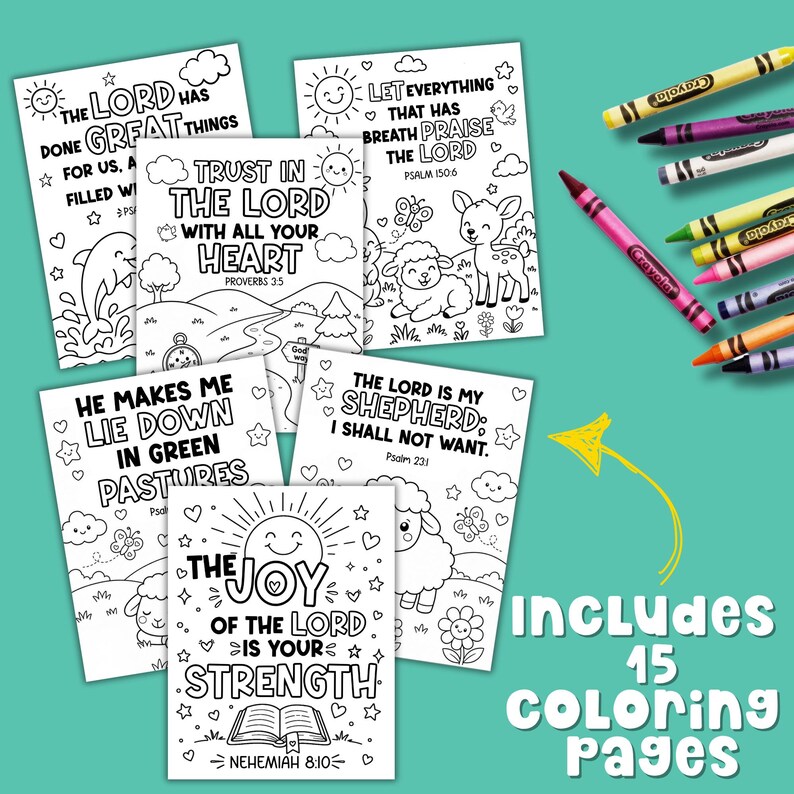 ncludes 15 Bible verse coloring pages for kids with summer coloring pages, scripture coloring, Sunday School color pages, VBS coloring, and screen free Christian activities.