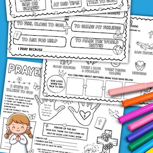 Pode incluir: Um conjunto de p&aacute;ginas para colorir imprim&iacute;veis com o texto "Quando devo orar?" e "Ensinar a ora&ccedil;&atilde;o atrav&eacute;s da colora&ccedil;&atilde;o". As p&aacute;ginas apresentam ilustra&ccedil;&otilde;es de pedidos de ora&ccedil;&atilde;o e uma crian&ccedil;a orando. Inclui uma variedade de marcadores coloridos.