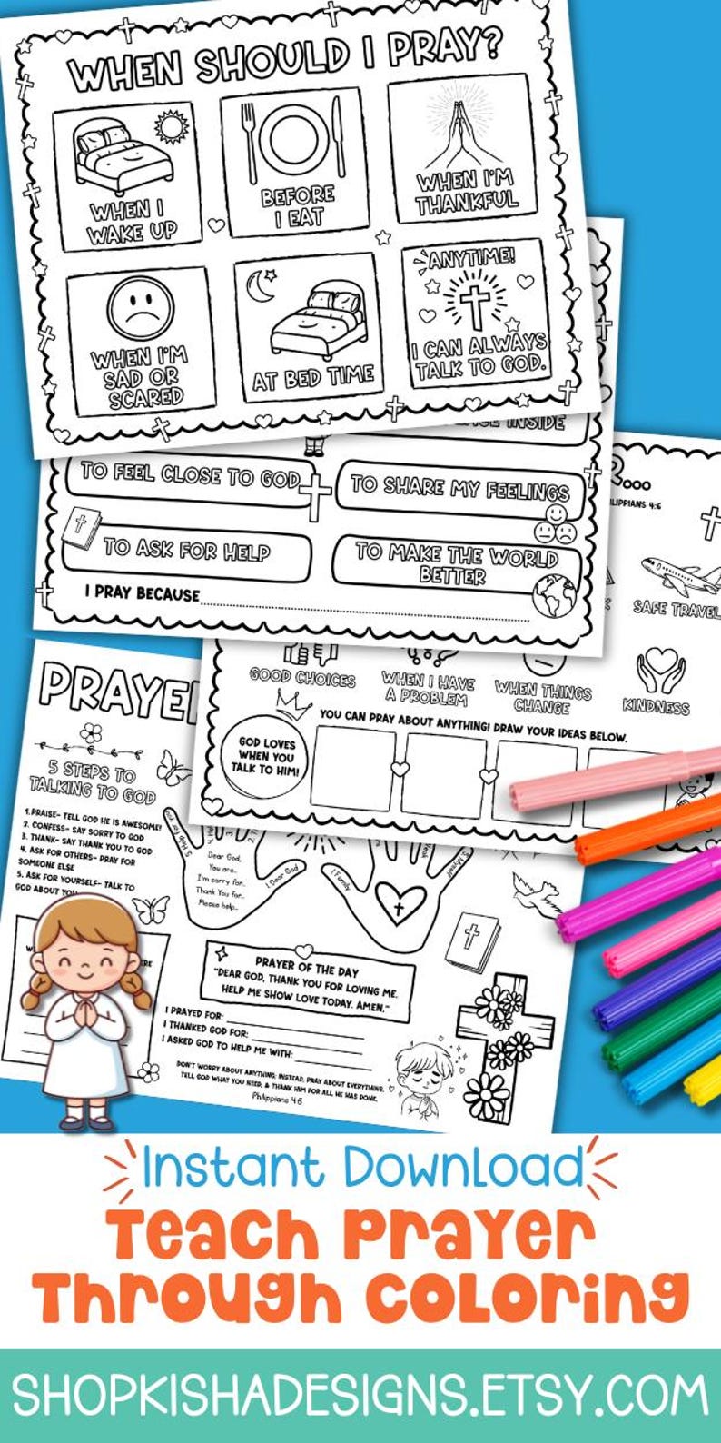 Pode incluir: Um conjunto de p&aacute;ginas para colorir imprim&iacute;veis com o texto "Quando devo orar?" e "Ensinar a ora&ccedil;&atilde;o atrav&eacute;s da colora&ccedil;&atilde;o". As p&aacute;ginas apresentam ilustra&ccedil;&otilde;es de pedidos de ora&ccedil;&atilde;o e uma crian&ccedil;a orando. Inclui uma variedade de marcadores coloridos.