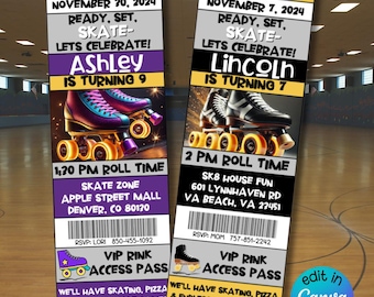 Printable Skate Party Invitation Canva Ticket Template Download Customized Roller Skating Birthday Editable Girl Birthday Invitation Ticket