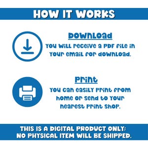 Pode incluir: Gr&aacute;fico azul e branco explicando como funciona um produto digital. O texto diz "HOW IT WORKS", "Download", "Print" e "THIS IS A DIGITAL PRODUCT ONLY; NO PHYSICAL ITEM WILL BE SHIPPED."
