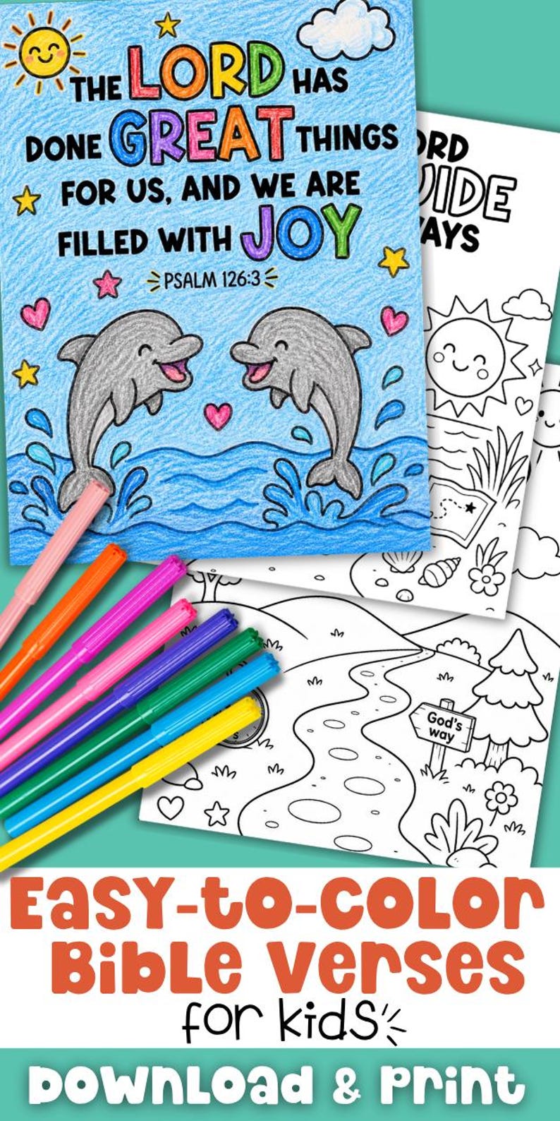 K&ouml;nnte beinhalten: Buntes Bild einer Bibelstelle mit Delfinen, Herzen und Sternen. Der Text lautet: &bdquo;Der Herr hat Gro&szlig;es an uns getan, und wir sind voller Freude.&ldquo; Au&szlig;erdem Malvorlagen und ein Satz farbiger Marker.