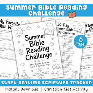 May include: A 6-page printable Summer Bible Reading Challenge activity set for children. The pages feature black and white line art including a sun, clouds, flowers, a palm tree, and a sandcastle. Text includes Summer Bible Reading Challenge.