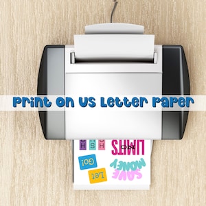 Printable 2026 Vision Board Words sheet being printed from a home printer on US Letter paper. The printable includes colorful motivational quotes like Save Money, Let Go, and No Limits, with overlay text that reads “Print on US Letter Paper.” Perfect for DIY vision boards, journaling, and goal planning projects.
