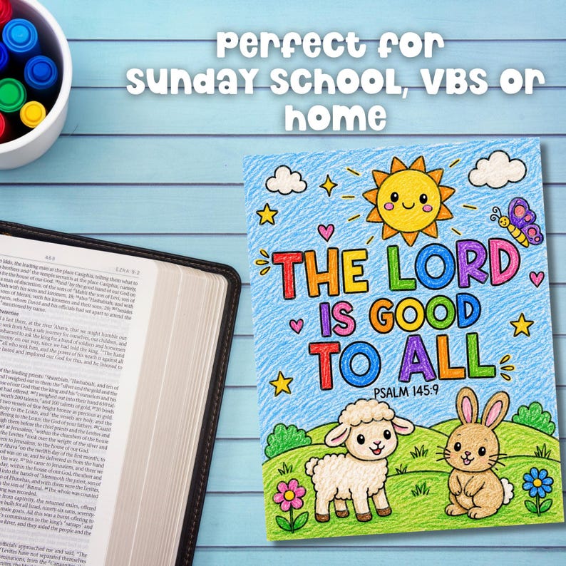 Bible verse coloring page for kids with summer animals and Psalm 145:9, perfect for Sunday School, VBS coloring, homeschool, children’s ministry, or Christian quiet time.