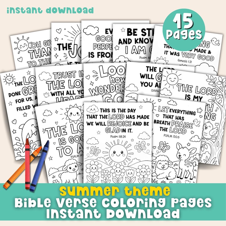 Summer Bible verse coloring pages for kids printable set with 15 scripture coloring pages, Christian coloring activity, Sunday School color pages, and VBS coloring pages instant download.