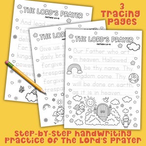 Step by step handwriting practice worksheets for kids to trace the Lord’s Prayer, Christian printable with doodle illustrations for Bible learning.