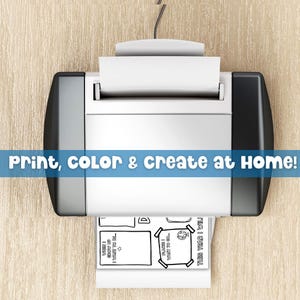 Home printer printing Kids Vision Board 2026 printable goal setting template with text Print Color and Create at Home. Digital download craft activity for children featuring Dream Big vision board and kid affirmations perfect for New Year goal planning.