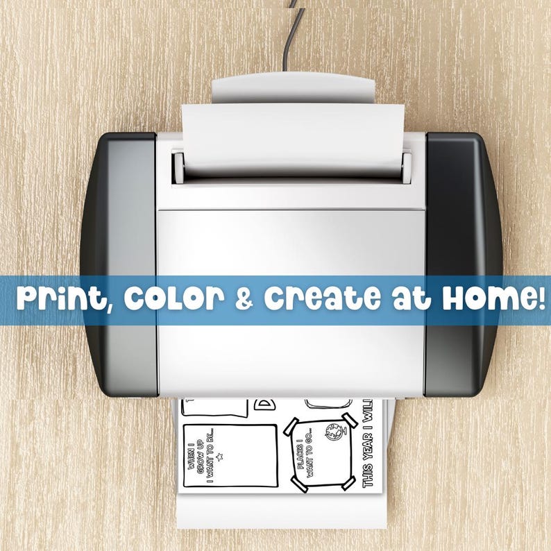 Home printer printing Kids Vision Board 2026 printable goal setting template with text Print Color and Create at Home. Digital download craft activity for children featuring Dream Big vision board and kid affirmations perfect for New Year goal planning.
