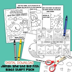 May include: A collection of black and white coloring pages and activity sheets, featuring the story of Jonah and the Big Fish. Includes crayons and scissors. The text "DIGITAL DOWNLOAD Jonah and the Big Fish Bible Story Pack" is visible.