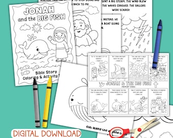 Jonah and the Whale Bible Verse Coloring Sunday School Craft Jonah and the Big Fish Bible Story Activity Page Bible Verse Lesson Printable