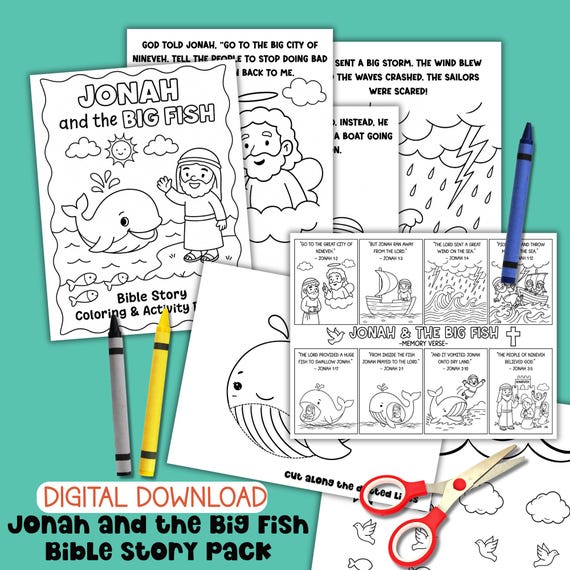Jonah and the Whale Bible Verse Coloring Sunday School Craft Jonah and the Big Fish Bible Story Activity Page Bible Verse Lesson Printable