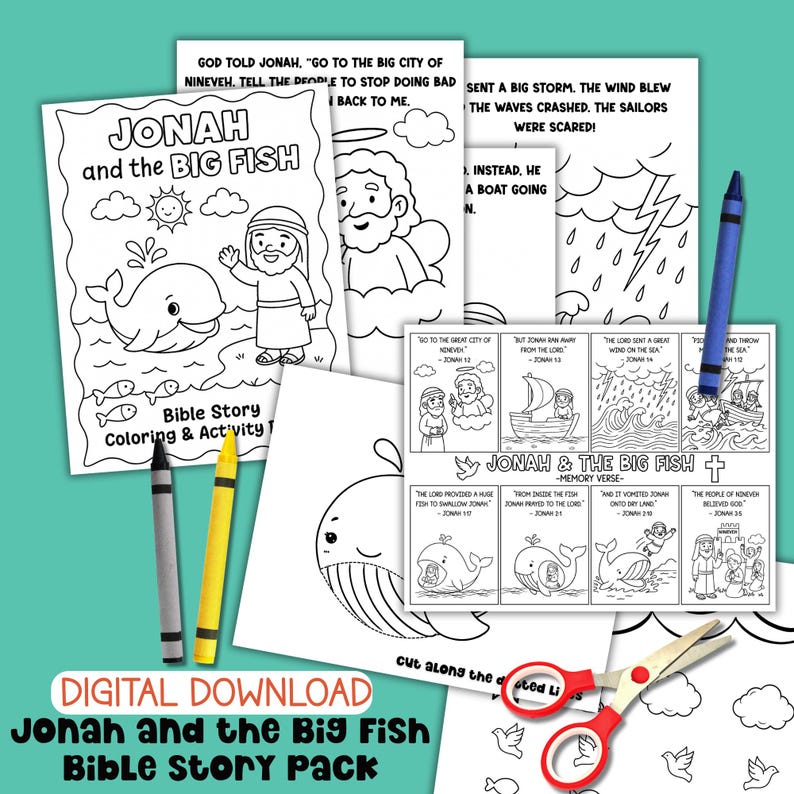 Jonah and the Big Fish Bible story activity pack printable with coloring pages, memory verse sheet, and cut and paste whale craft for kids Sunday school.