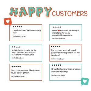 Pode incluir: Gr&aacute;fico com as palavras "HAPPY CUSTOMERS" em verde-azulado e laranja. Abaixo, avalia&ccedil;&otilde;es de clientes com classifica&ccedil;&otilde;es de cinco estrelas, destacando a qualidade do produto e a entrega r&aacute;pida. As avalia&ccedil;&otilde;es est&atilde;o em caixas retangulares.