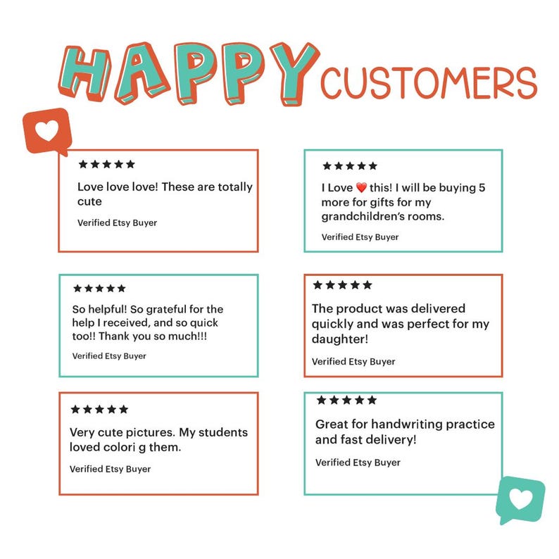 Pode incluir: Gr&aacute;fico com as palavras "HAPPY CUSTOMERS" em verde-azulado e laranja. Abaixo, avalia&ccedil;&otilde;es de clientes com classifica&ccedil;&otilde;es de cinco estrelas, destacando a qualidade do produto e a entrega r&aacute;pida. As avalia&ccedil;&otilde;es est&atilde;o em caixas retangulares.