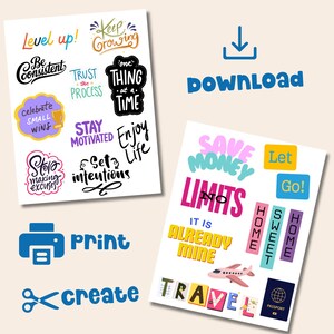 2026 Vision Board Words printable showing motivational quotes and goal setting phrases like Level Up, Keep Growing, and Save Money. Digital download with print, cut, and create instructions for making a vision board or journal using positive affirmations and New Year goal planning words.