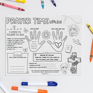 Children learning how to pray using faith based bible coloring pages printable prayer mats at home.