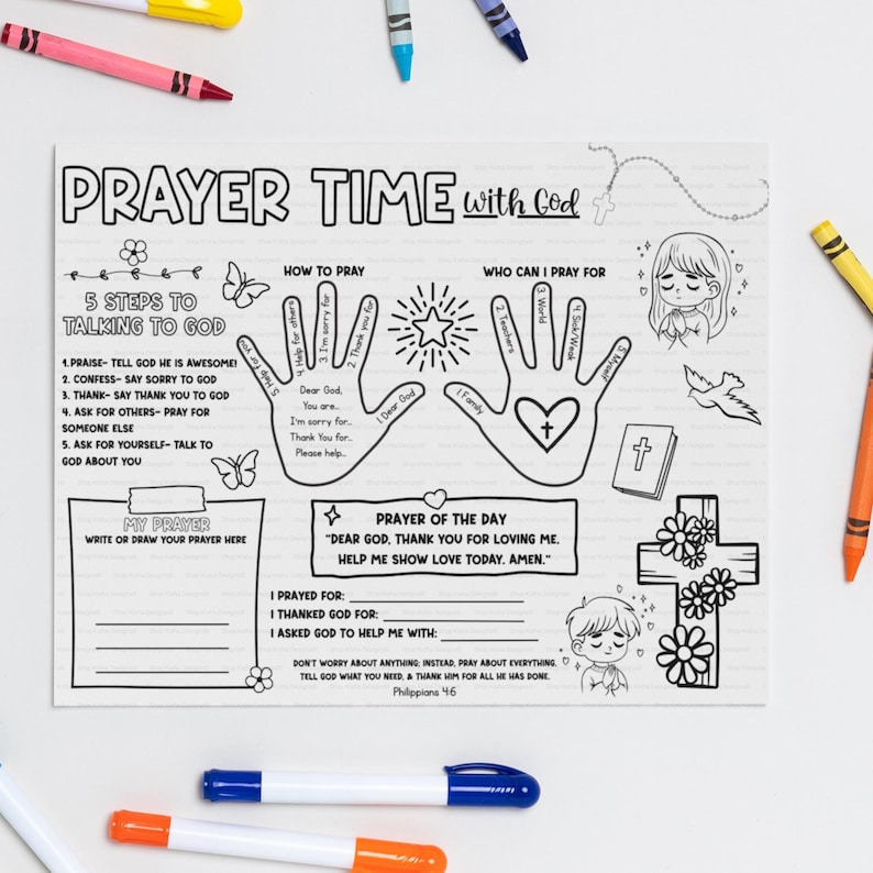 Children learning how to pray using faith based bible coloring pages printable prayer mats at home.