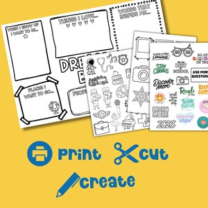 Kids Vision Board 2026 printable activity pages shown with coloring sheets and goal setting templates for children. Fun DIY craft for New Year goal planning with kid affirmations and vision board cutouts encouraging kids to print cut and create their own dream big board at home or in the classroom.