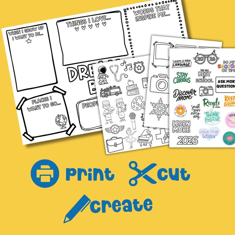 Kids Vision Board 2026 printable activity pages shown with coloring sheets and goal setting templates for children. Fun DIY craft for New Year goal planning with kid affirmations and vision board cutouts encouraging kids to print cut and create their own dream big board at home or in the classroom.