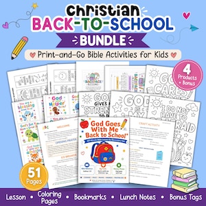 Può includere: Un pacchetto scolastico cristiano con 51 pagine di attività bibliche stampabili per bambini. La collezione include lezioni, pagine da colorare, segnalibri, note per il pranzo ed etichette con grafiche colorate di zaini, mele e matite.