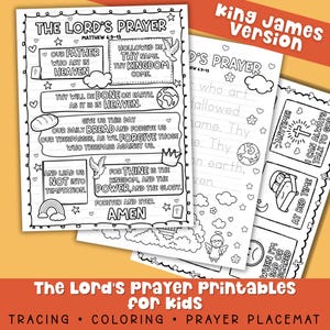 Lord’s Prayer printable activity bundle for kids including tracing worksheets, coloring page, and prayer placemat for Sunday school and homeschool Bible lessons.